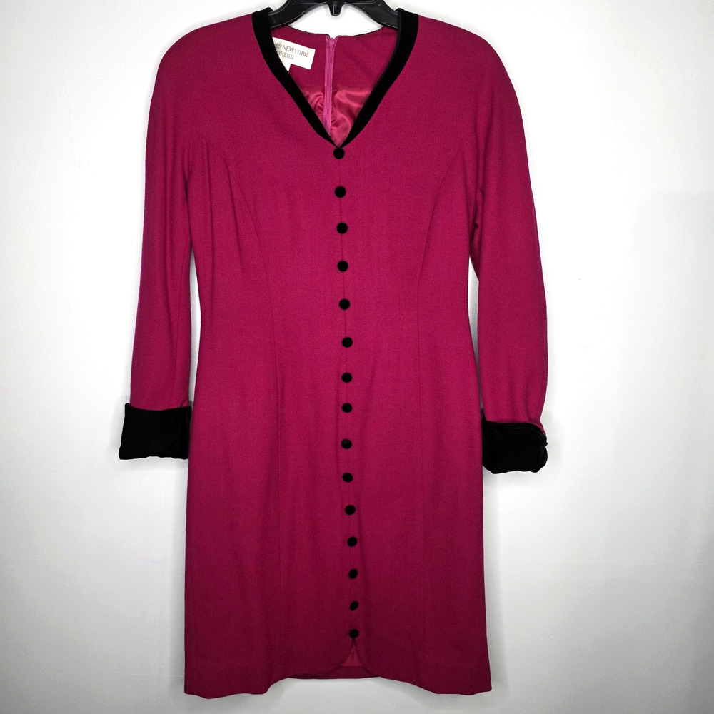 Jones New York Womens SZ 6 Wool Pink Black Velvet Dress Long Sleeve A-Line VTG